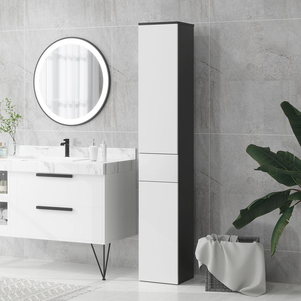 Space-Saving Bathroom Column in Wood with 2 Cabinets and Drawer, 30x28x180 cm, Black