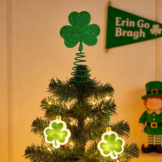 St. Topper de Árvore de Trevo de São Patrício com Base de Primavera Glitter Trevo Irlandês Miniatura Decoração de Topo de Árvore de Natal Ornamento para Festa de Feriado