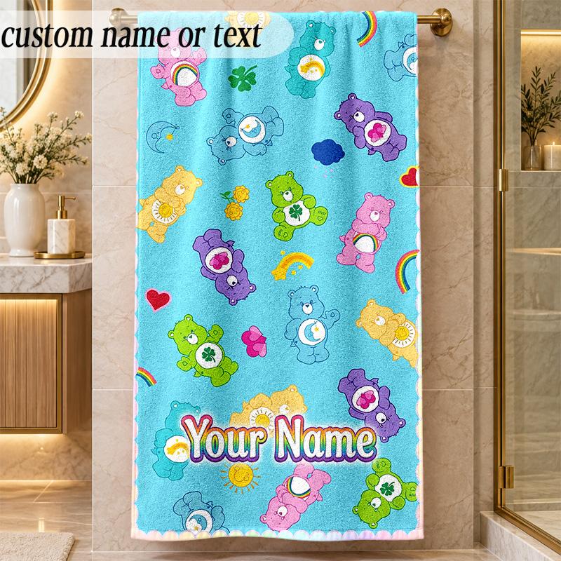 Beach TowelCare Bears Custom Name Text Personalized Soft Towel for Beach Pool Indoor Home Decor Gift