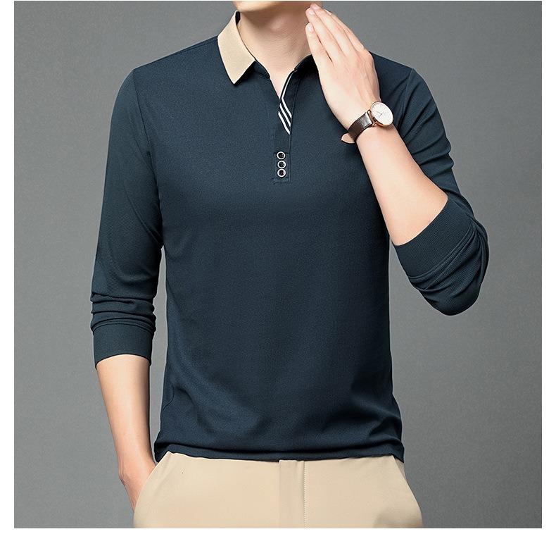 Polo de Manga Comprida Masculino de Primavera Gola Virada Cor Sólida Respirável Confortável Camisetas Casuais com Botões T-shirt Masculina