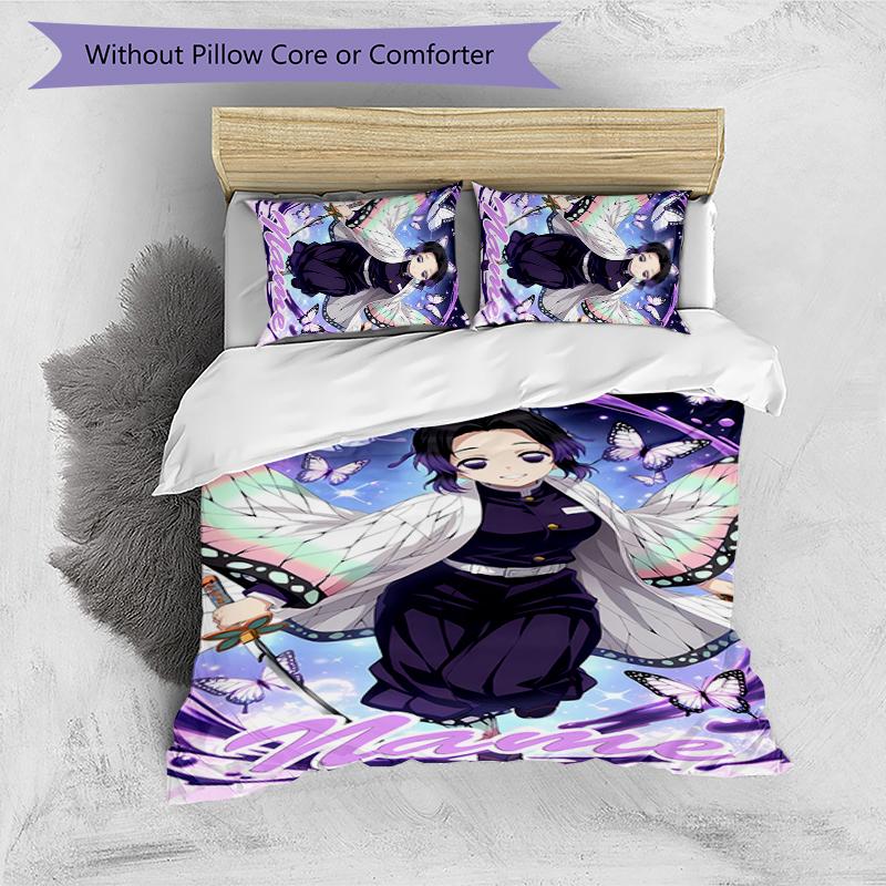 3pcs Custom Name Demon Slayer Shinobu Kocho Bedding Set Duvet Cover Closure Includes 1 Duvet Cover & 2 Pillowcases for All Seasons Bedroom Decor