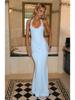 2025 Women's European & American Style Spliced Strappy Long Slim Fit Halterneck Formal Dress