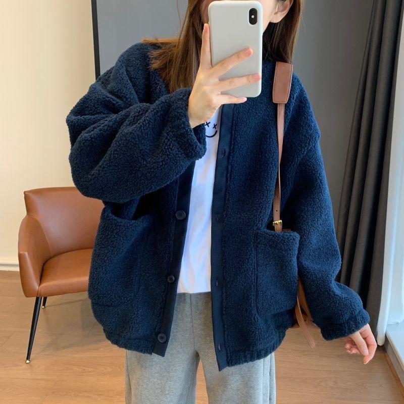 Women's Lamb Wool Fleece Loose Cardigan Top Versatile Warm Autumn Winter Sweatshirt Thickened Jacket