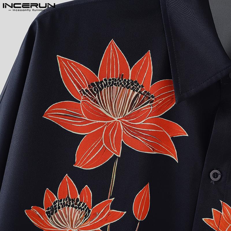 INCERUN Oversized Men Lapel 3/4 Sleeve Floral Print Casual Loose Shirts Tops