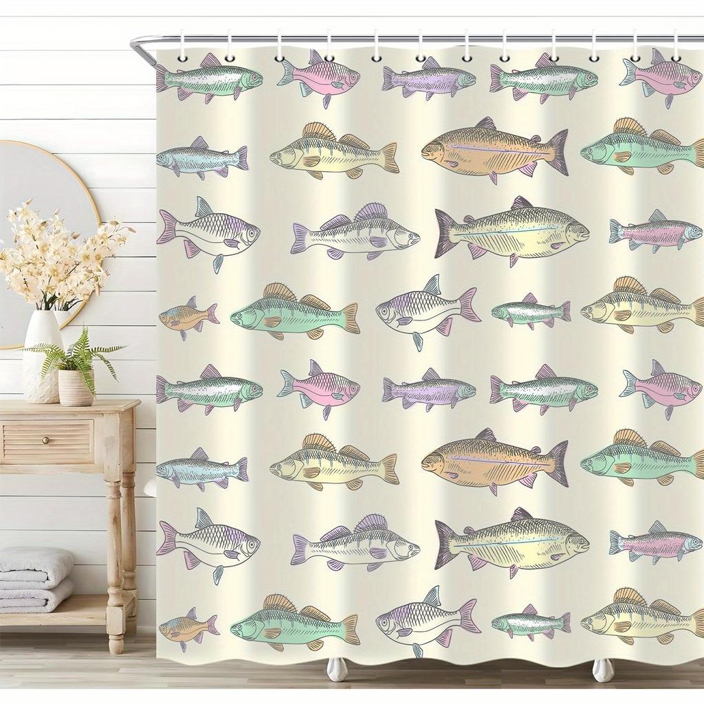 1Pc Fish Shower Curtain Vintage Lake Fishes Rustic Farmhouse Colorful Shower Curtains Decor For Bathroom Set Cloth With 12 Hooks