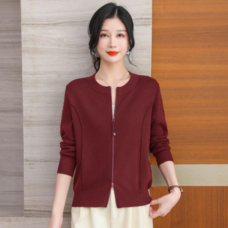 Spring new baseball jersey zipper top loose thin sweater crew neck knitted cardigan women's coat
