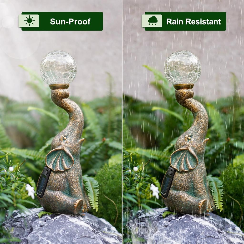 Elephant With Cracked Glass Ball Lamp Statue Solar Lamp Outdoor Garden Decoration