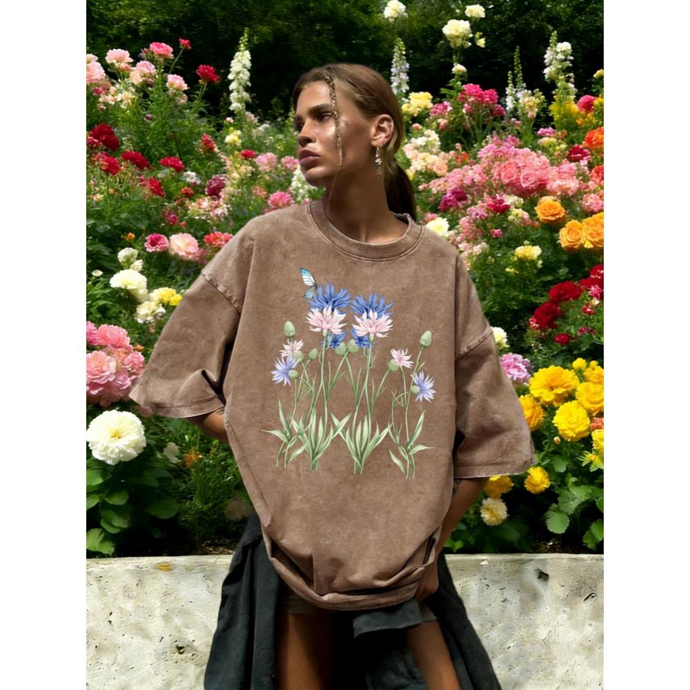 T-shirt Lavé pour Femme Imprimé Papillon Bleuet Artistique Été Ample T-shirt à Col Rond Vêtements en Coton