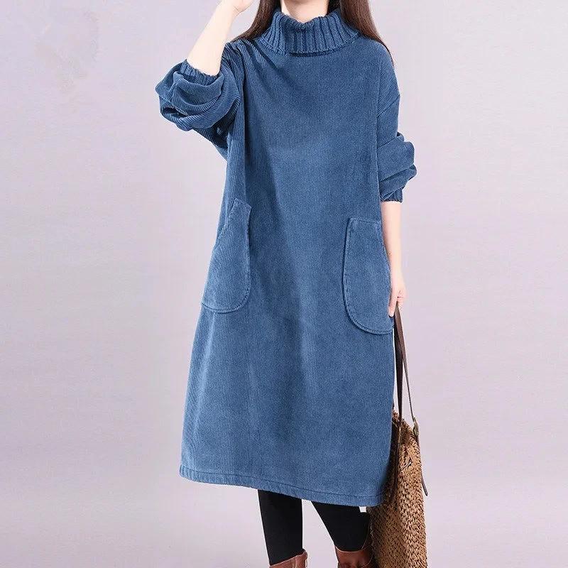 

LYRIA Женское осенне-зимнее платье Новое Ретро Вельветовое Vestidos Добавить Бархат Платье с высоким воротом Миди Свободный Пуловер Свитер Женский XL синий