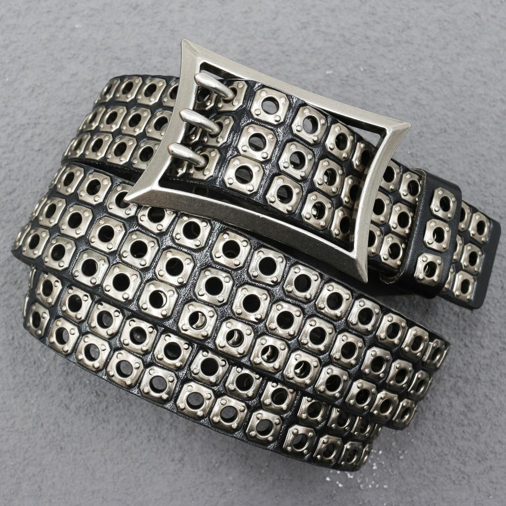 New Japanese American Motorcycle Belt Heavy Duty Punk Car Eye Hollow Rivet Men's Cowhide Belt Women's Three-pin Buckle