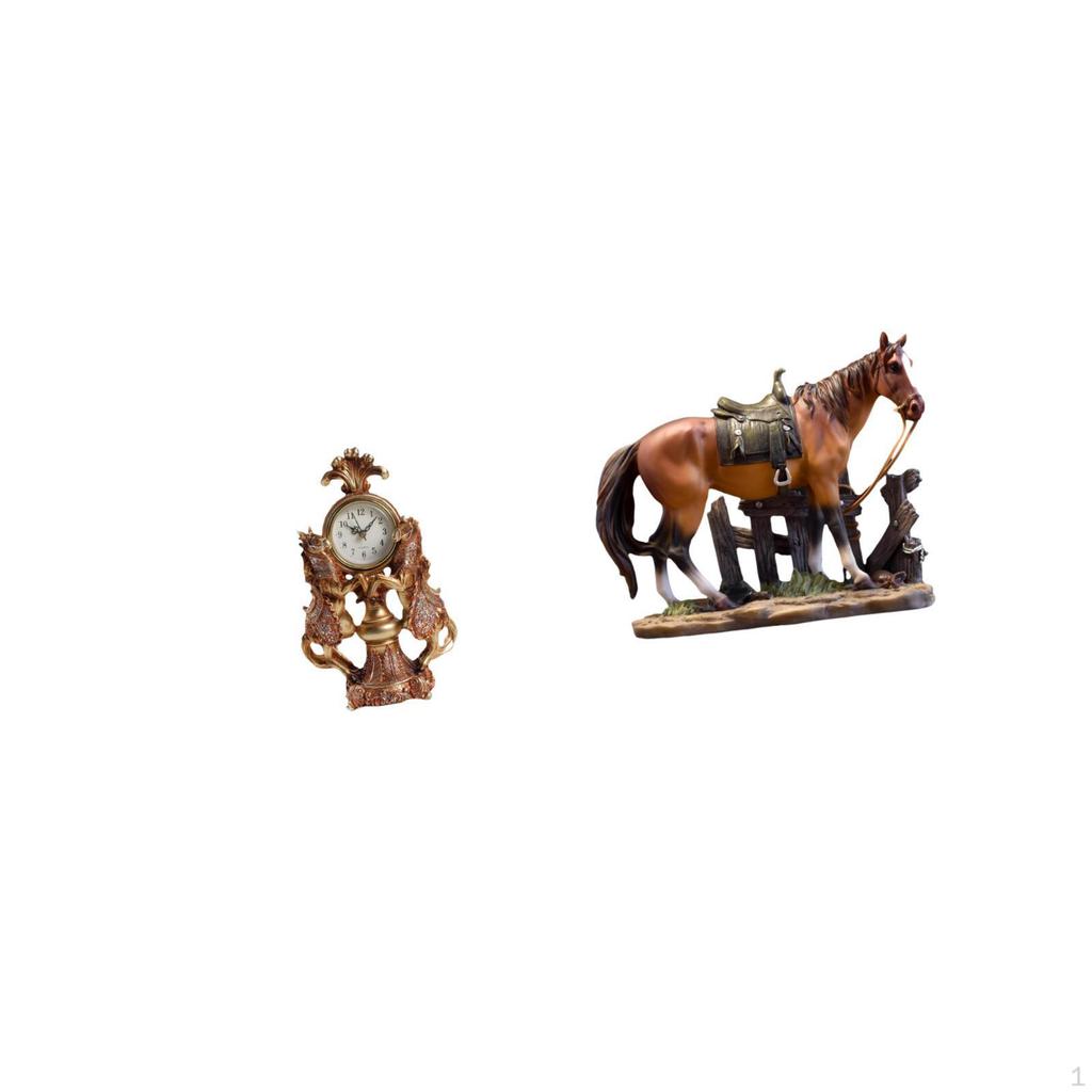 Horse Clock Figurine Art Ornament Resin Sculpture Animal Table Statue for Living Room Desk Shelf
