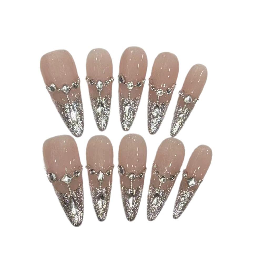 Pure Hand-wearing Nails with Gentle Temperament, Sequins, French Long Nails with Removable Nail Art Products
