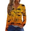 Women's Fashion Casual Halloween Printed V-Neck Button Trim Long Sleeve T-Shirt Top