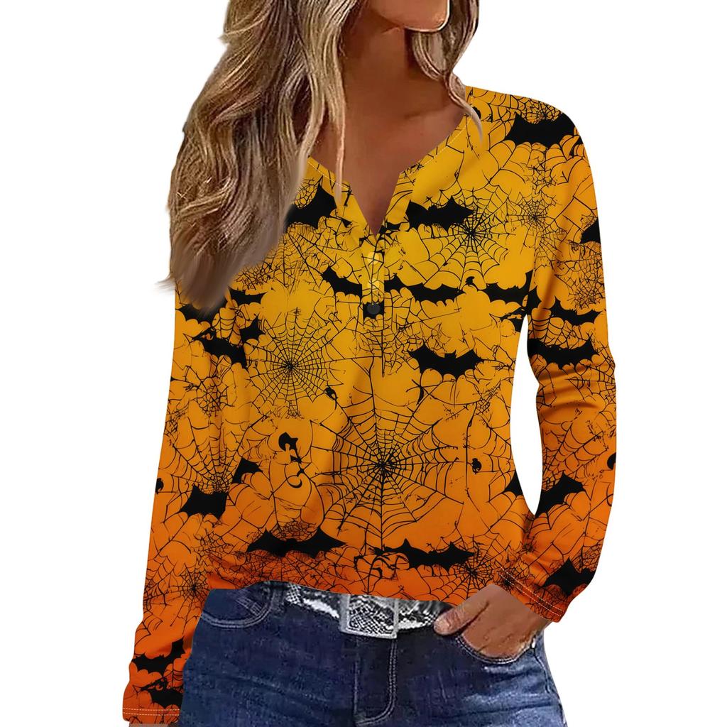 Women's Fashion Casual Halloween Printed V-Neck Button Trim Long Sleeve T-Shirt Top