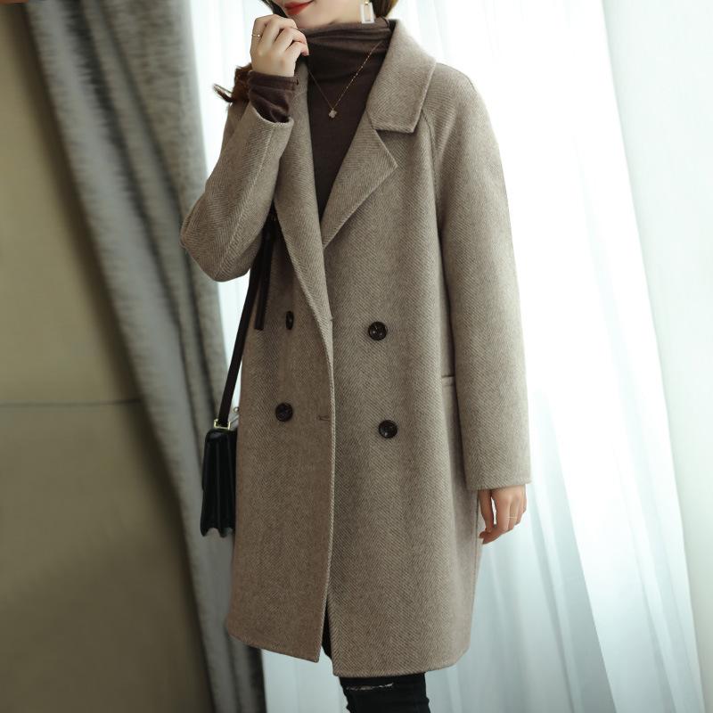 Wełniana kurtka damska jesienno-zimowa nowa wersja koreańska temperamentowy kołnierz garniturowy pogrubiona średniej długości wełniana kurtka