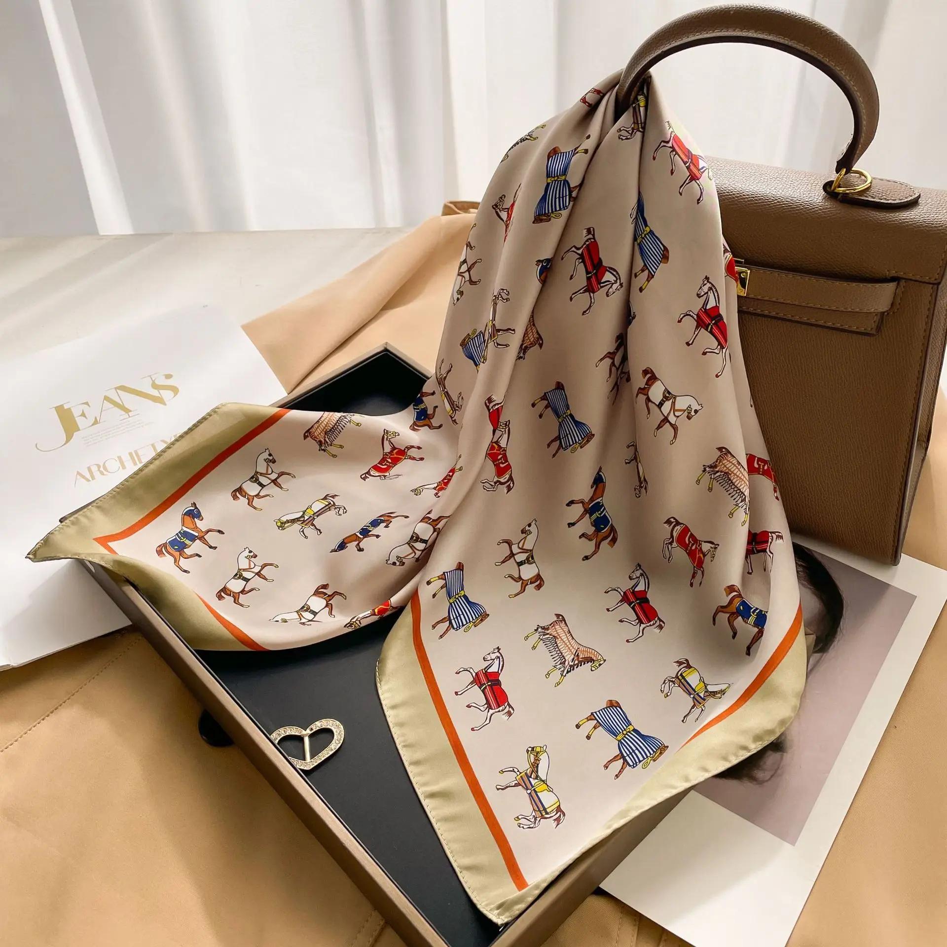 Seiden-Carré Damen 100% Echte Luxusmarke Pferde-Print Halstuch Weiblich Haar Handtasche Handgelenk Foualrd Schals Bandana One Size gray