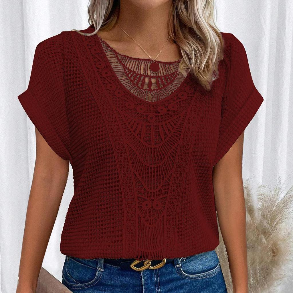 Lace Splicing Crew Neck T-shirt Casual Short Sleeve Top for Spring & Summer Women's Clothing