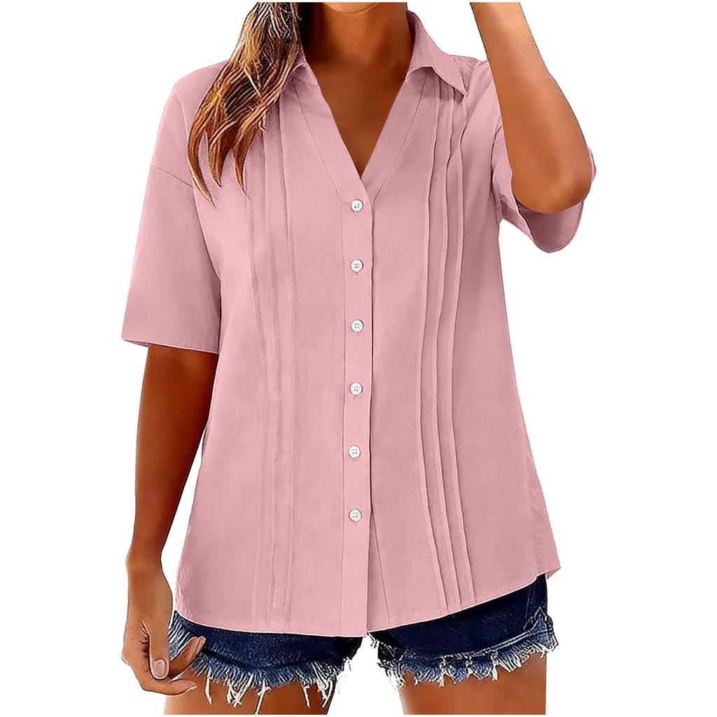 Women's Fashion -Color Cotton-Linen Collared Shirt: Short-Sleeve Button-Down Pleated Top