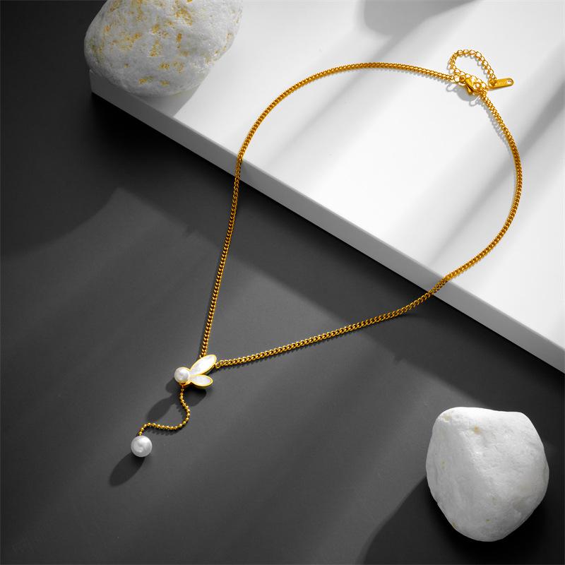 Trendy Stainless Steel Butterfly Pearl Necklace with White Shell Tassel for Girlfriend or Best Friend