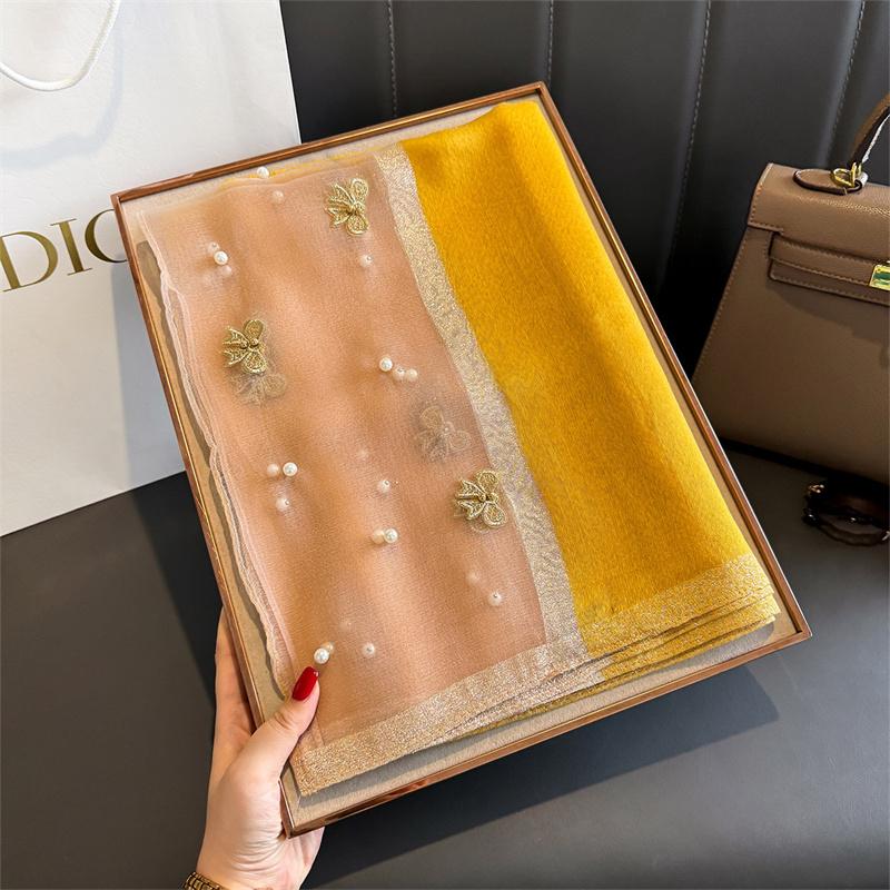 Floral Embroidery Silk Wool Scarf Luxury Women Hijab Female Foulard Pashmina Long Beach Stoles Shawl Wrap Scarves Bandana