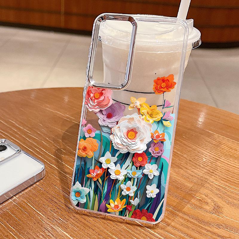 Colorful Flowers Print Case For Samsung S26 S25 Ultra S24 FE S23 Plus S22 S21 A15 A16 A17 A35 A36 A37 A54 A55 A56 A57 5G Plating Lens Soft Cover