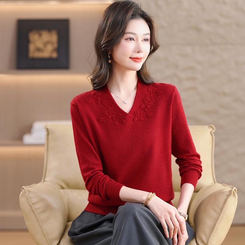 Year of the Rat Women's Red V-neck Jacquard Sweater - Spring/Autumn Pullover