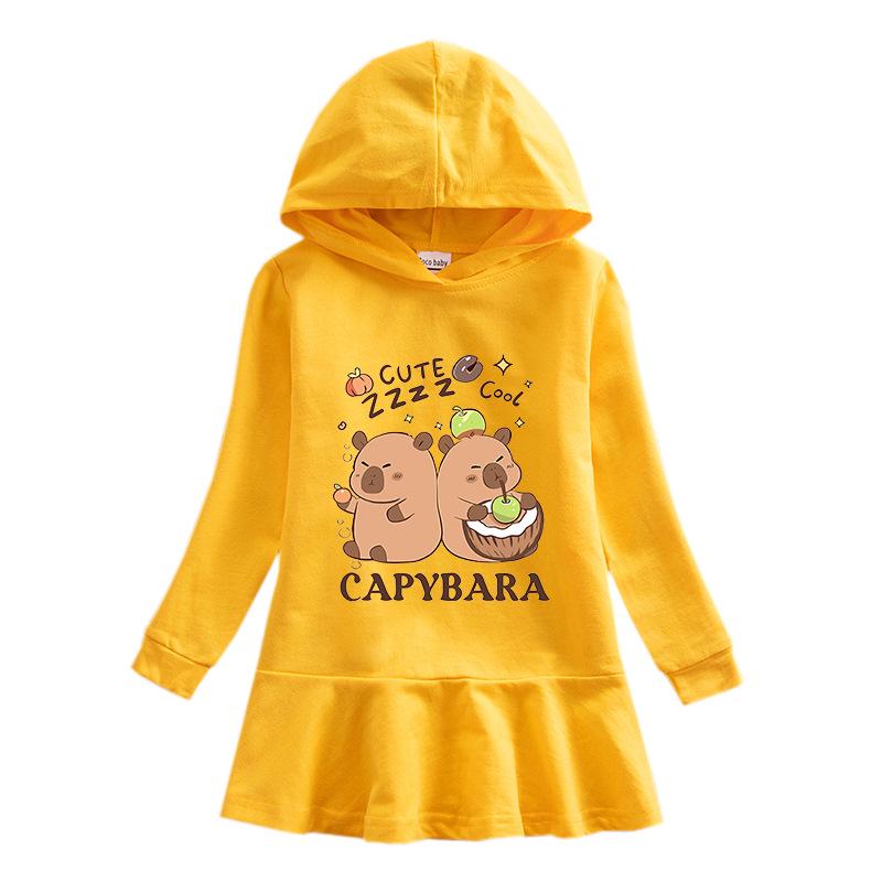Ruffle Cartoon Rainbow Girls' Long Sleeve Hooded Sweatshirt Dress