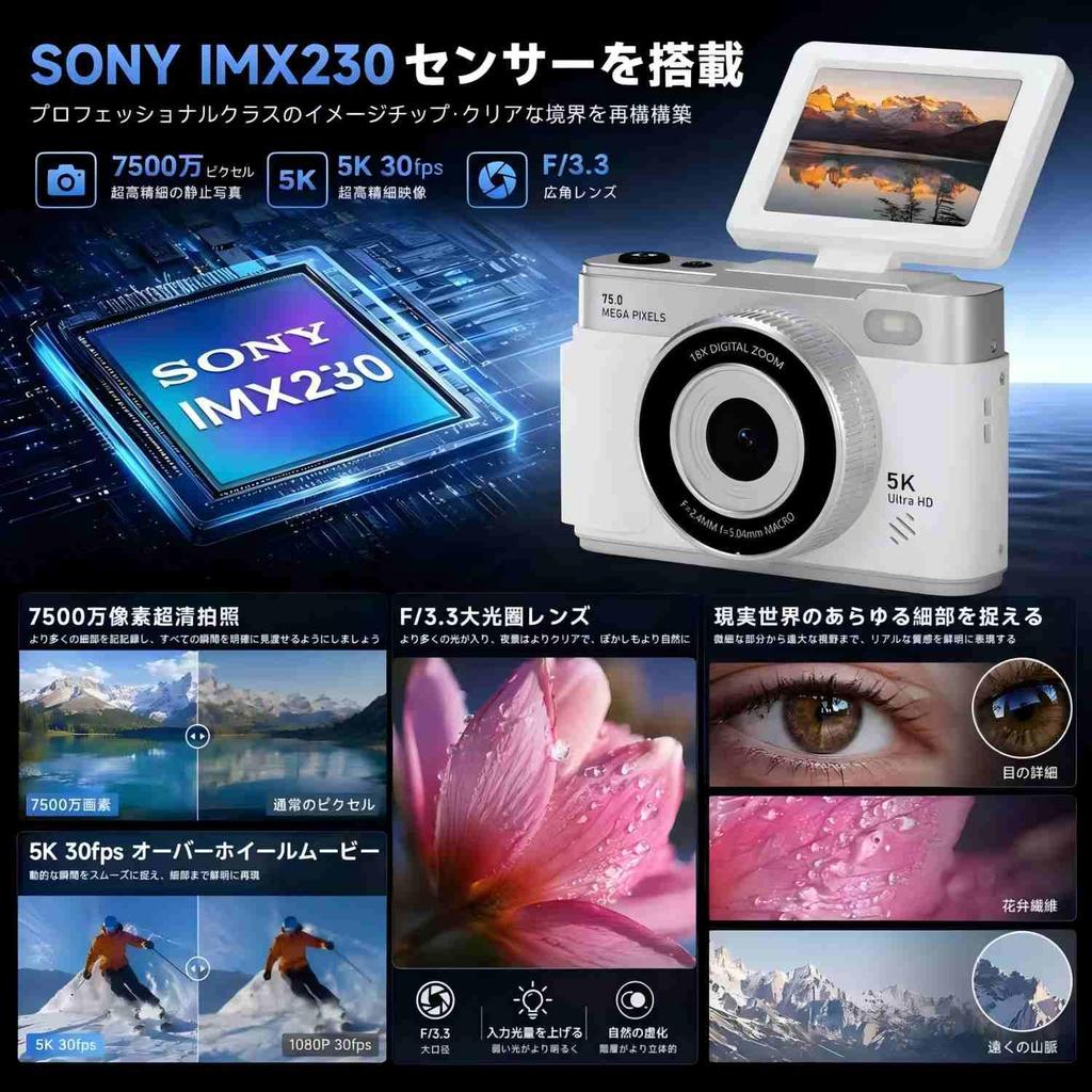 CLCRHBK Digital Camera 5K Smartphone OTG SONY IMX 32GB Card 75MP, Transfer, Compatible, Sensor, Included, Beginner-Friendly (White)