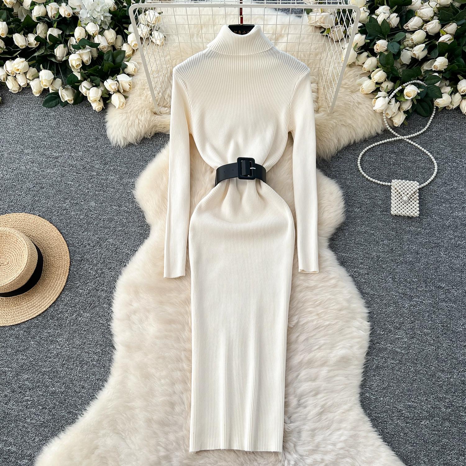 

Осінньо-зимовий жіночий елегантний в язаний светр з високим коміром, довга міді облягаюча сукня-футляр для офісної роботи з поясом average size