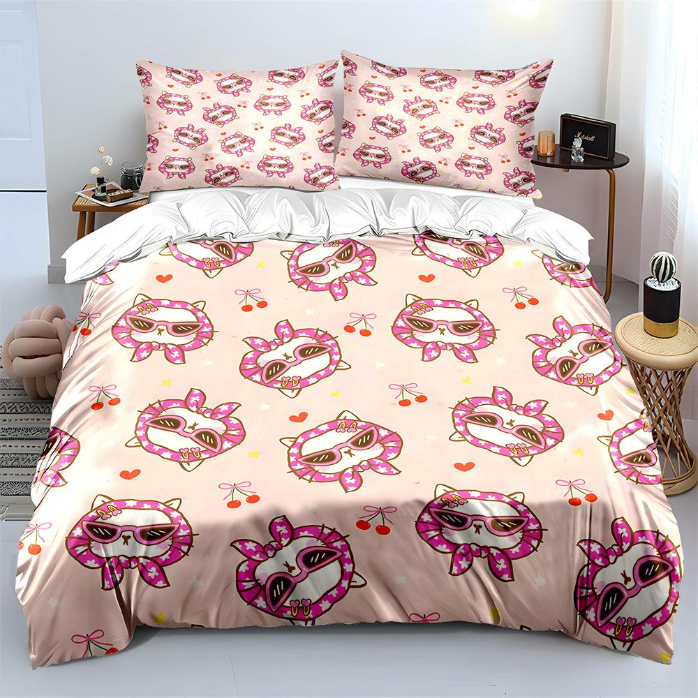 Cartoon Cat With Cherry Design Pattern Duvet Cover Set Digital Print Colorful Polyester Bedding With Zipper Closur For Kids Gift