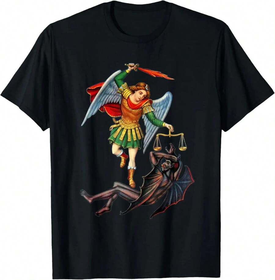 

Saint Michael Archangel Weighing Souls Graphic Tee Religious Christian Warrior T-Shirt S разноцветный