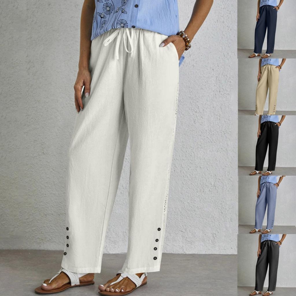 New Women's Cotton Linen Drawstring Waist Casual Pants Lace Button Detail With Pockets European American Style In Stock