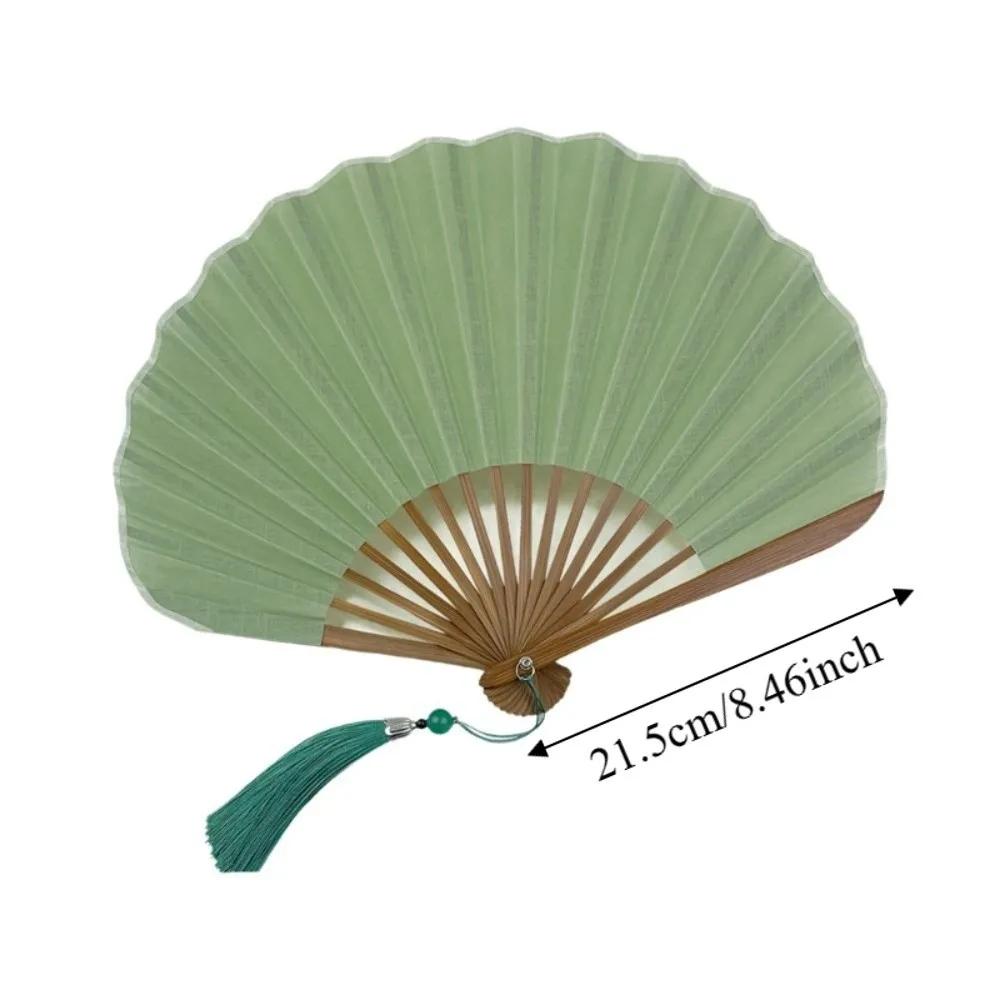 Cotton Linen Cloth Folding Hand Fan Bamboo Frame with Tassel Mini Shell Fan Shell-Shaped Decoration Retro Handheld Fan