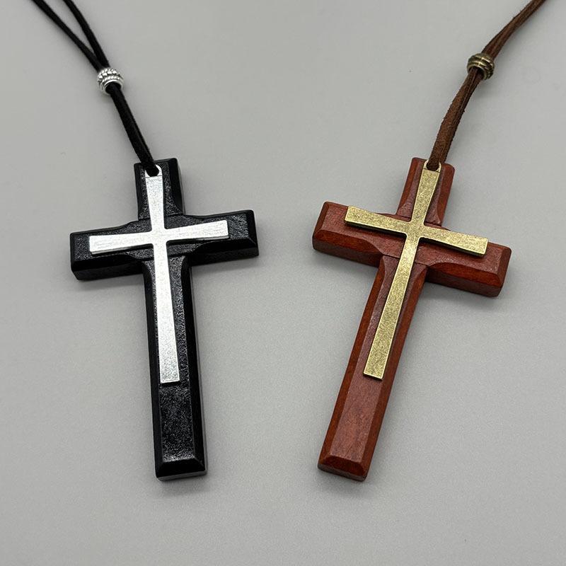 Vintage Retro Alloy Wood Cross Pendant Unisex Sweater Chain Necklace