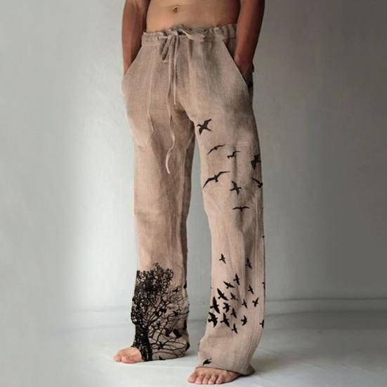 Men Pants Flying Bird Print Pockets 