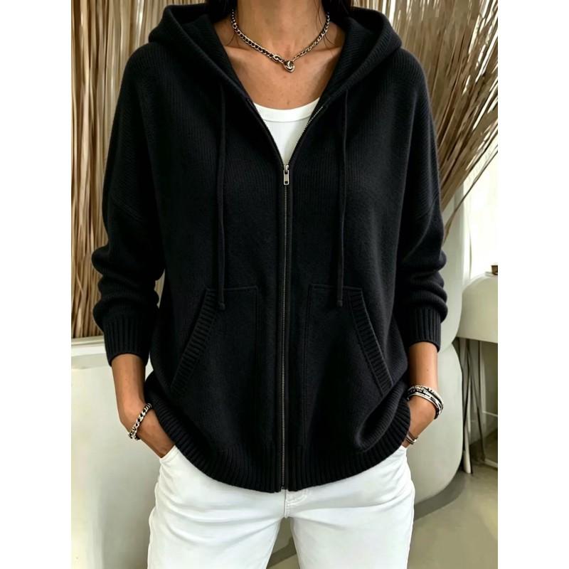 Womens Oversized Knit Hooded Zip-Up Cardigan Winter 2026 Solid Color Casual Sweater