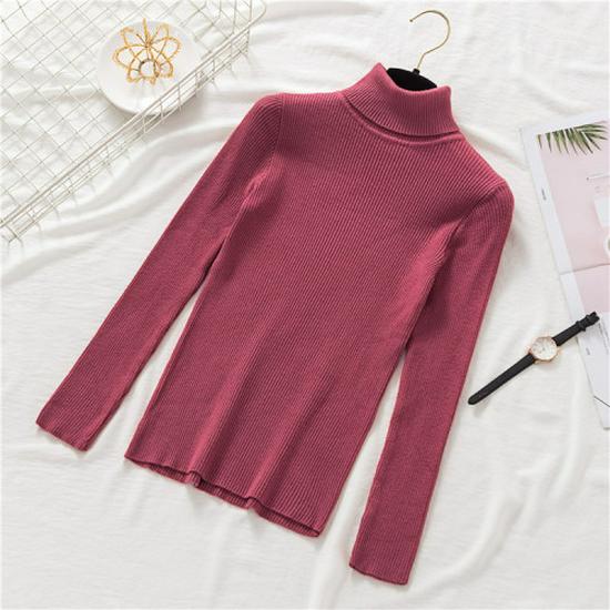 2025 Autumn/Winter Women's High Neck Pullover Sweater, Long Sleeve, Slim Fit, Solid Color Knitwear