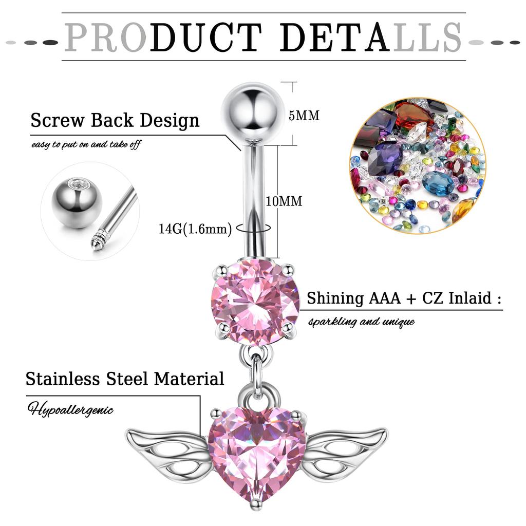 1CS Belly Button Rings Surgical Stainless Steel Belly Piercing 14G Cute Pink CZ Dangle Belly Rings Piercing Jewelry for Women