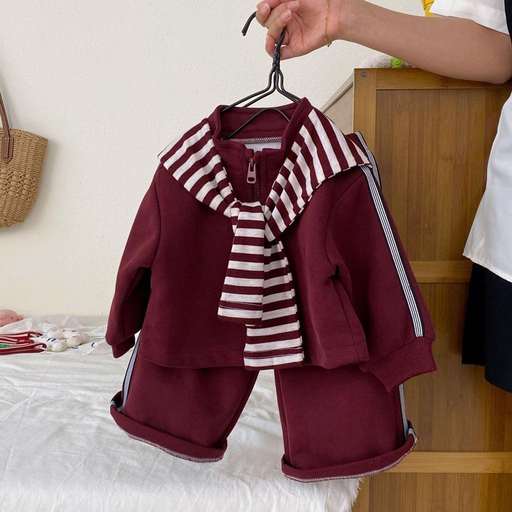 Mädchenmode Gestreifter Schal Burgunder Sweatshirt & Weitbein-Hosen Set, Herbst 2025 Kleinkind Zweiteiliges Freizeitoutfit
