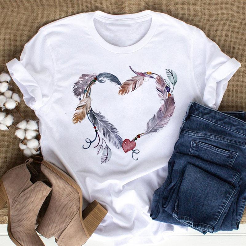 New Women Black T Shirt Feather Flower Love Heart Printed Tops Ladies Female Cute Graphic Tee Shirts Women O-Neck T-Shirts Tops