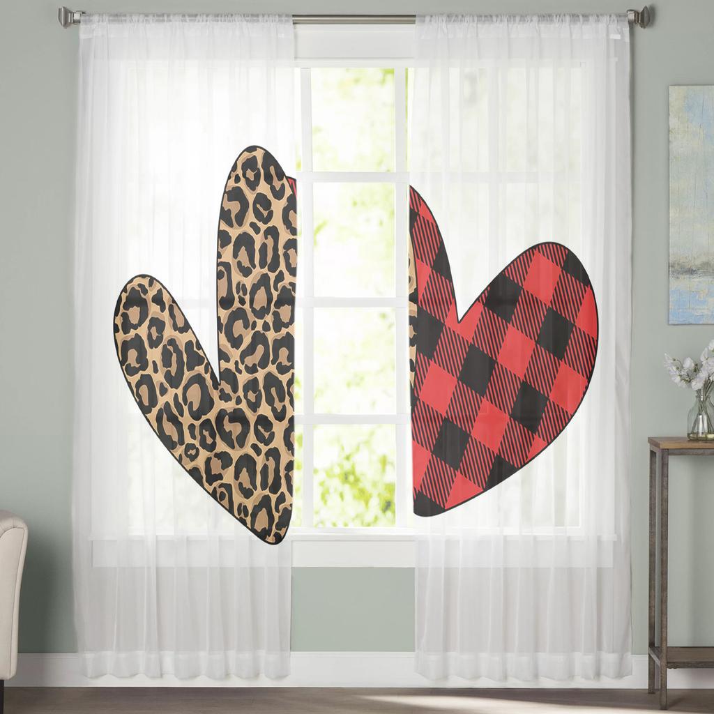 Valentine 'S Day Love Red Leopard Plaid Tulle Curtains For Living Room Decoration Modern Chiffon Sheer Voile Kitchen Curtain