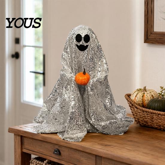Decorative Ghost Sculpture Halloween Decoration, Outdoor Shiny Figurine with Sequin Cloth, Light Collectible Up Spooky for Parties, Lawn, Porch Decor