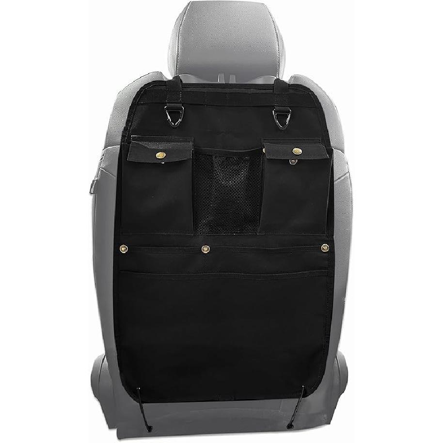 Black Car Seat Back Organizer with Multiple Pockets and Hooks