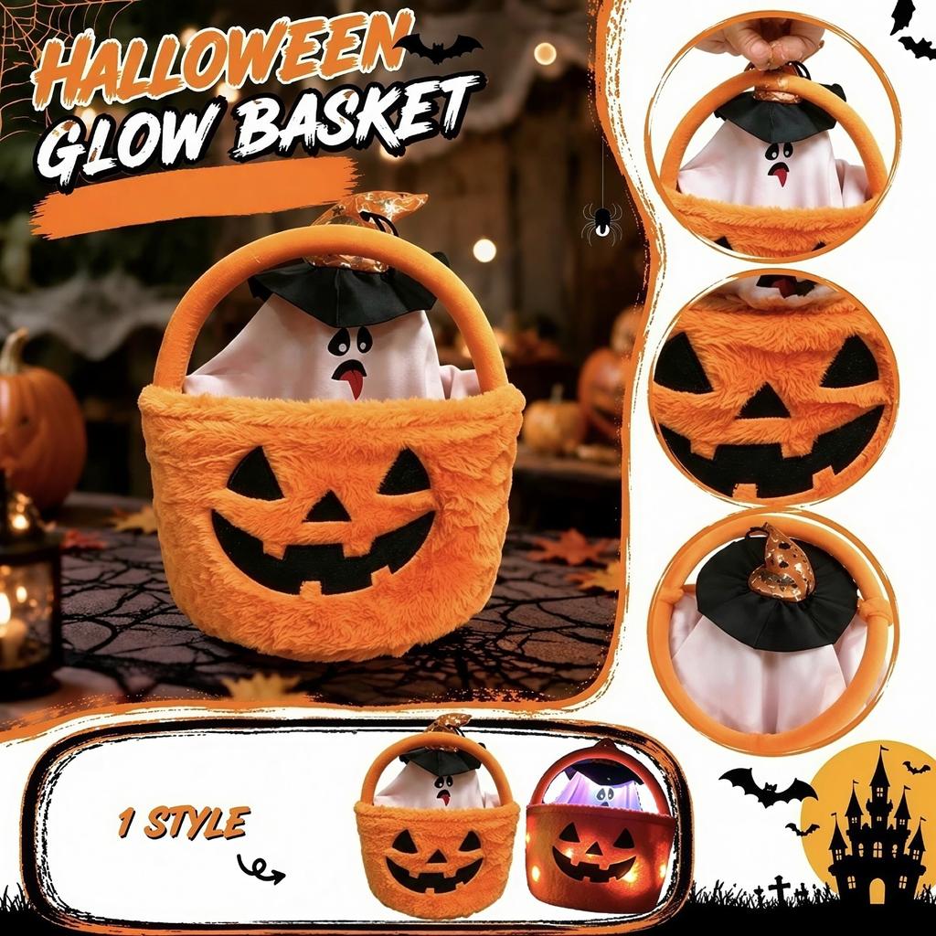Halloween Glowing Pumpkin - Plush Candy Bag with Handle, Light Up or Decorations, Novelty Gift for Kids and Adults