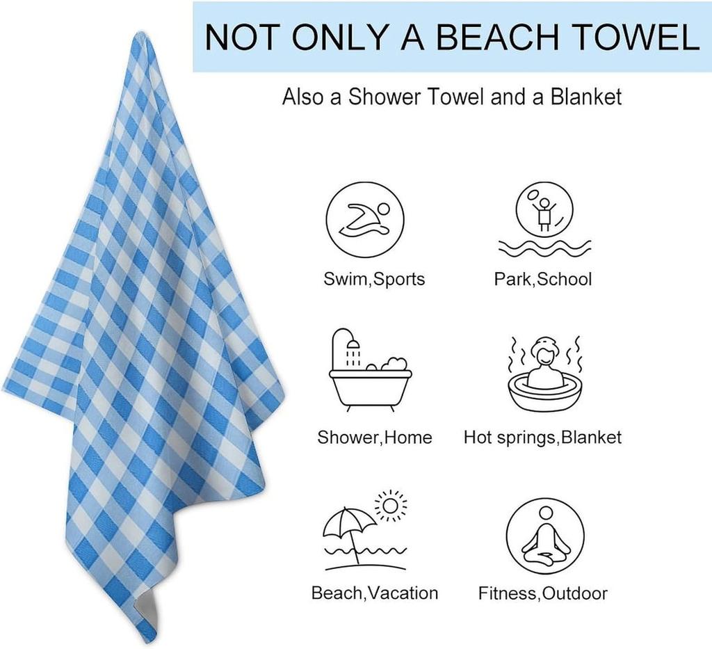 Blue And White Plaid Beach Towel For Adults,Quick Dry Bath Towel, Sand Free & Highly Absorbent Towels For Pool,Gym,Travel,Picnic