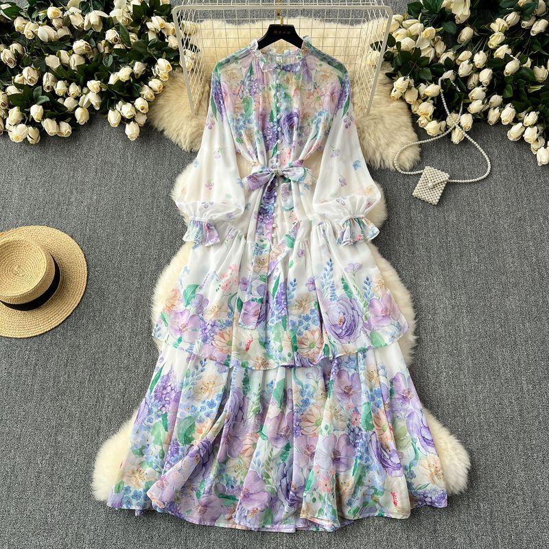 

Платье серии «Цветы» в отпускном стиле, женское, французское, элегантное, с ретро-принтом, на шнуровке, с контролем талии, темпераментное, фея, шифоновое платье Purple M