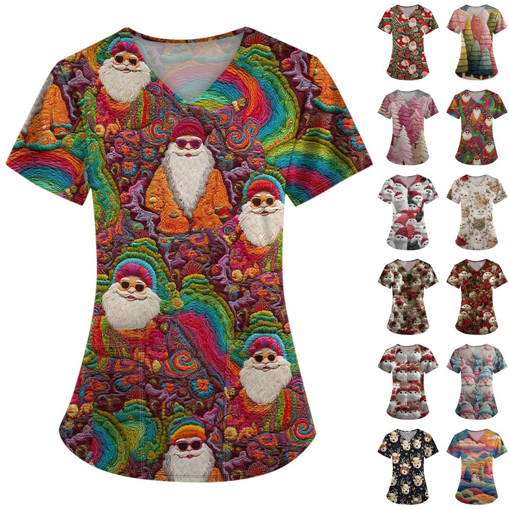 Women's Fashion Printed Short Sleeve V Neck Pattern Tops Pocket Working T-shirts