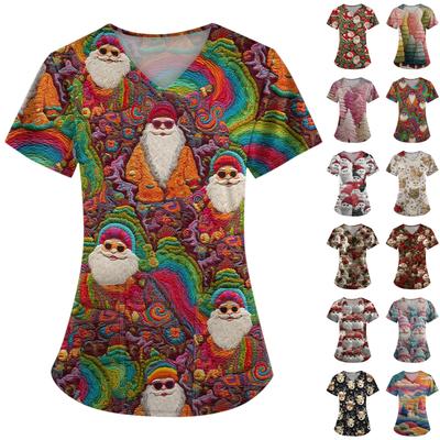 Женские модные топы с короткими рукавами и V-образным вырезом с принтом, рабочие футболки с карманами