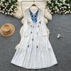 Vintage Western Style Embroidered V-neck Strap Up Waist Long Sleeve Dress for Women French Elegant Grand Swing Long Dress