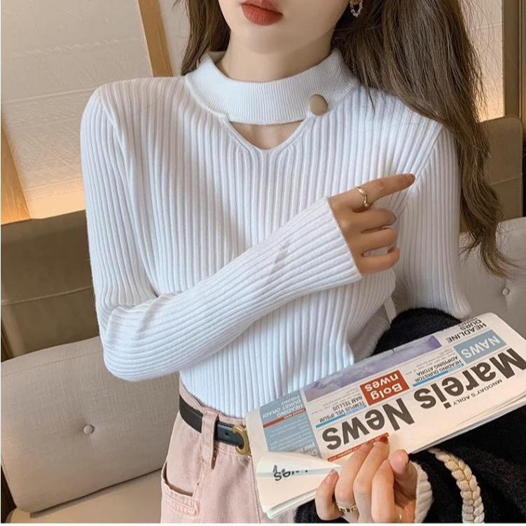 Women's Versatile Solid Color Knit Pullover Sweater - Slimming Design for Autumn/Winter Fashion
